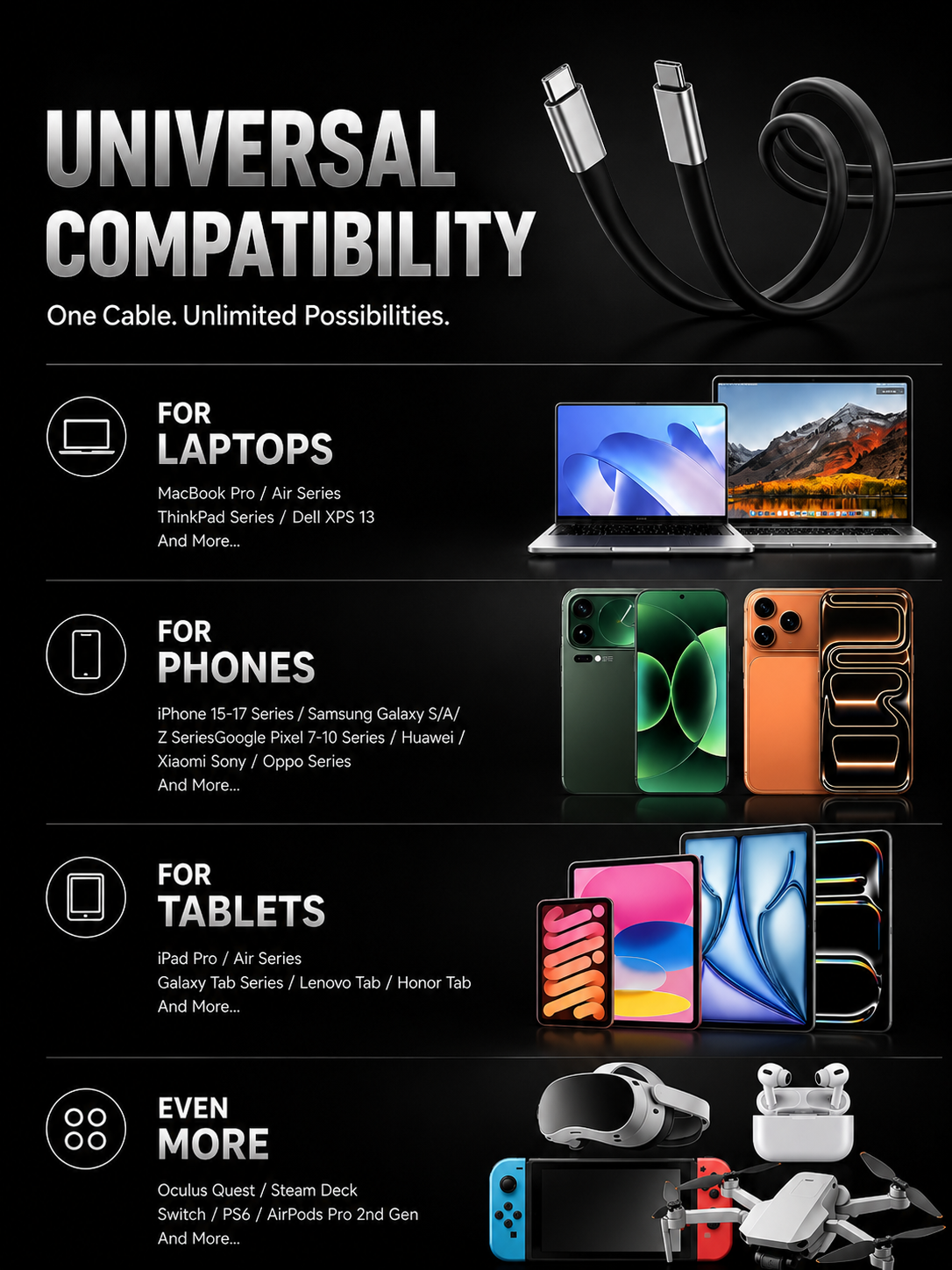 MFI Certified 240W USB-C to C Cable with Built-in Phone Stand | Fast Charging Cable for iPhone & iPad