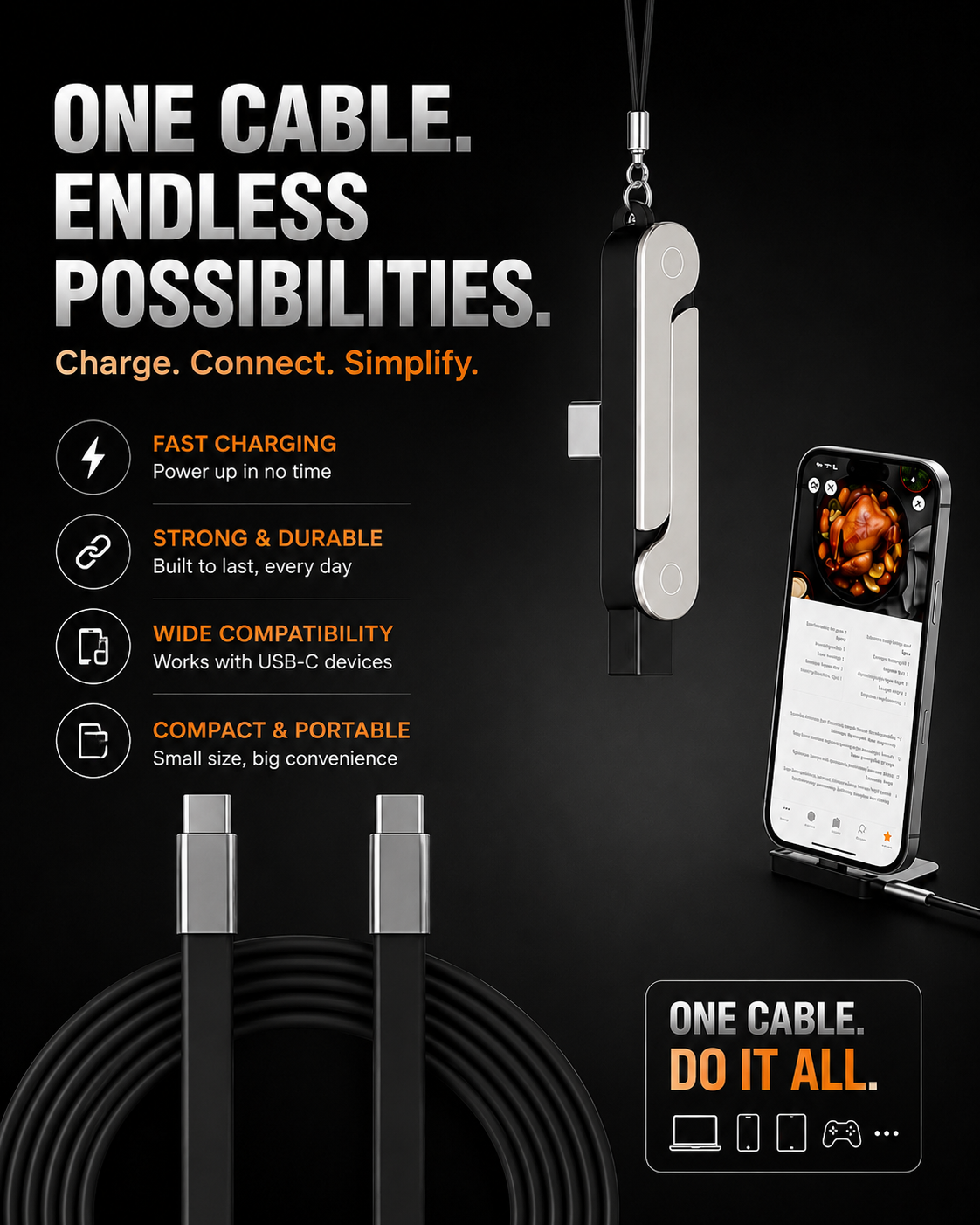 MFI Certified 240W USB-C to C Cable with Built-in Phone Stand | Fast Charging Cable for iPhone & iPad