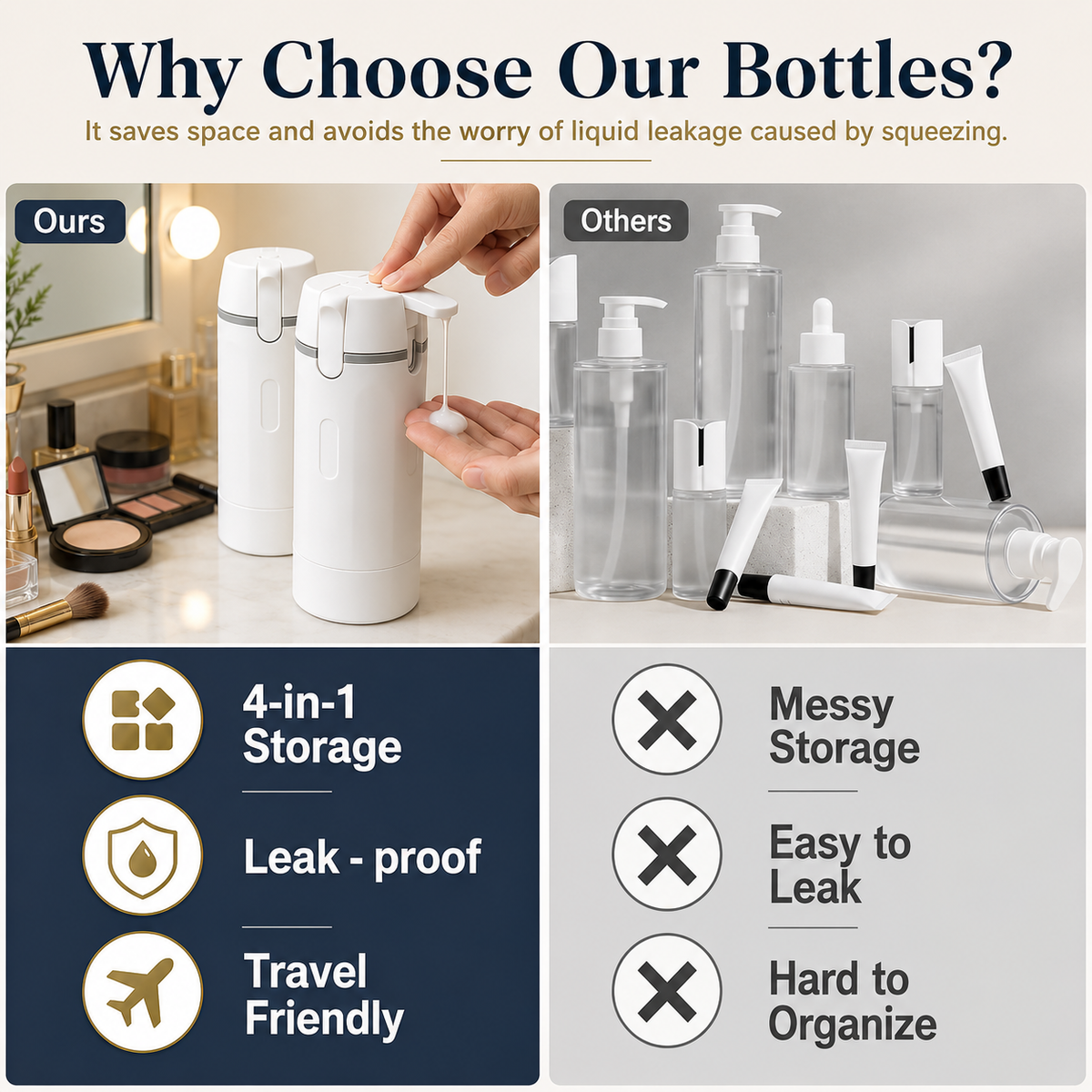 4-in-1 Travel Dispenser Bottle | 30ml Leak-Proof Refillable Travel Toiletry Container for Shampoo, Conditioner, Lotion & Cream
