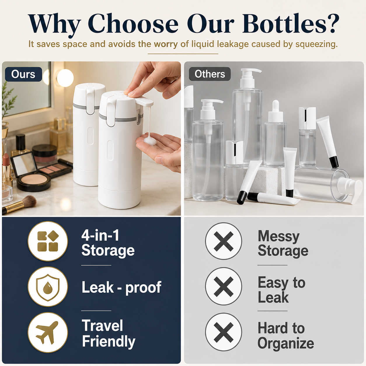 4-in-1 Travel Dispenser Bottle | 30ml Leak-Proof Refillable Travel Toiletry Container for Shampoo, Conditioner, Lotion & Cream