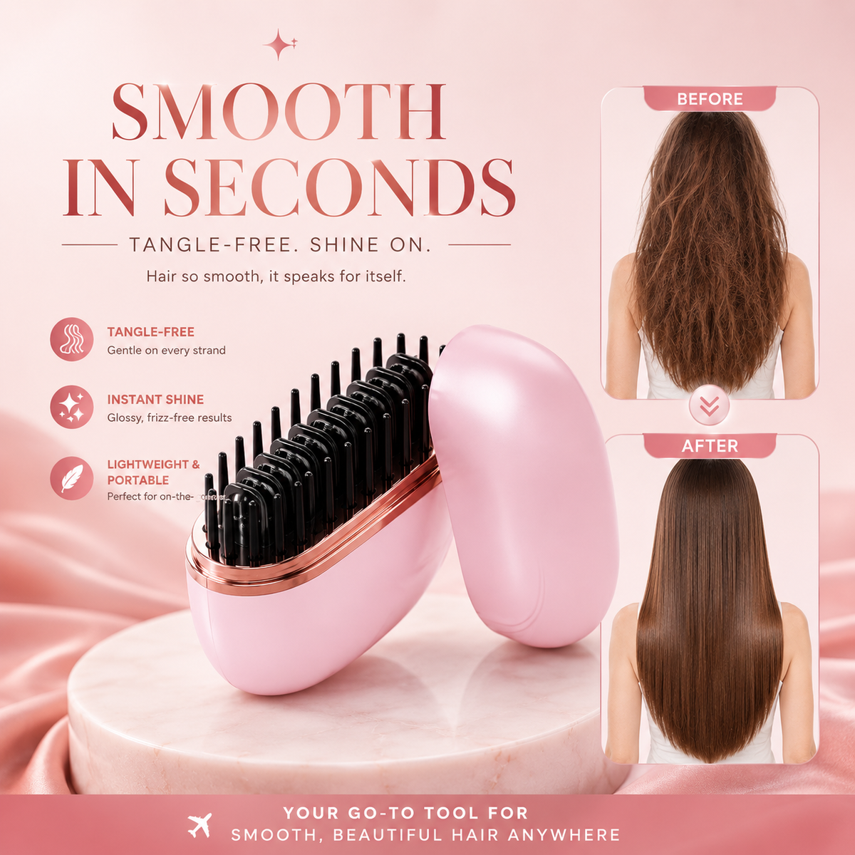 Mini Cordless Hair Straightener Brush | Rechargeable Portable Hair Straightener with 3 Heat Settings, Fast Heating Ceramic & Anti-Scald Design