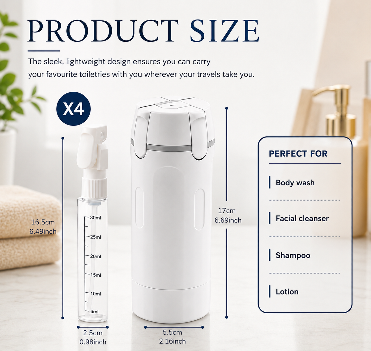 4-in-1 Travel Dispenser Bottle | 30ml Leak-Proof Refillable Travel Toiletry Container for Shampoo, Conditioner, Lotion & Cream