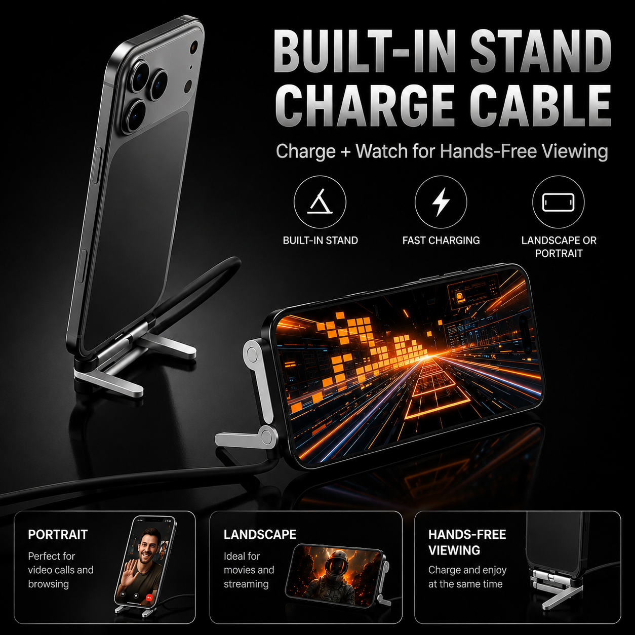 MFI Certified 240W USB-C to C Cable with Built-in Phone Stand | Fast Charging Cable for iPhone & iPad