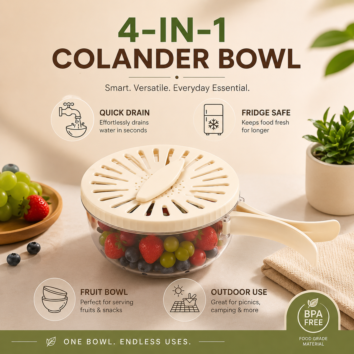 2 Pack Multifunctional Fruit Washing Bowl with Strainer & Lid – 2-in-1 Drain Basket, Vegetable & Fruit Washer Container for Kitchen, Fridge, Picnic & Camping