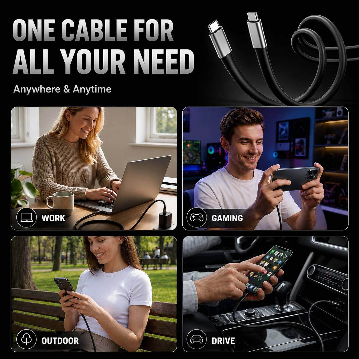 MFI Certified 240W USB-C to C Cable with Built-in Phone Stand | Fast Charging Cable for iPhone & iPad