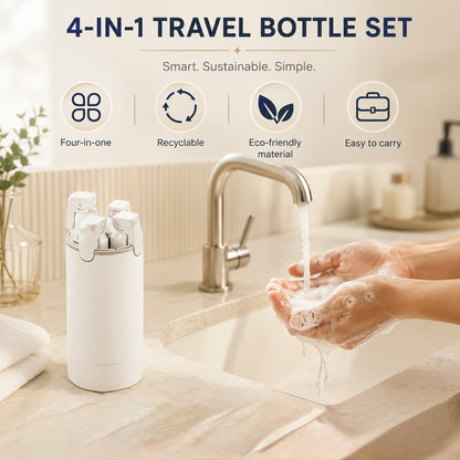 4-in-1 Travel Dispenser Bottle | 30ml Leak-Proof Refillable Travel Toiletry Container for Shampoo, Conditioner, Lotion & Cream