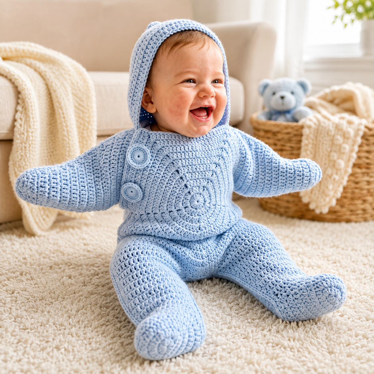 Baby Crochet Jumpsuit | Soft Hooded Suit