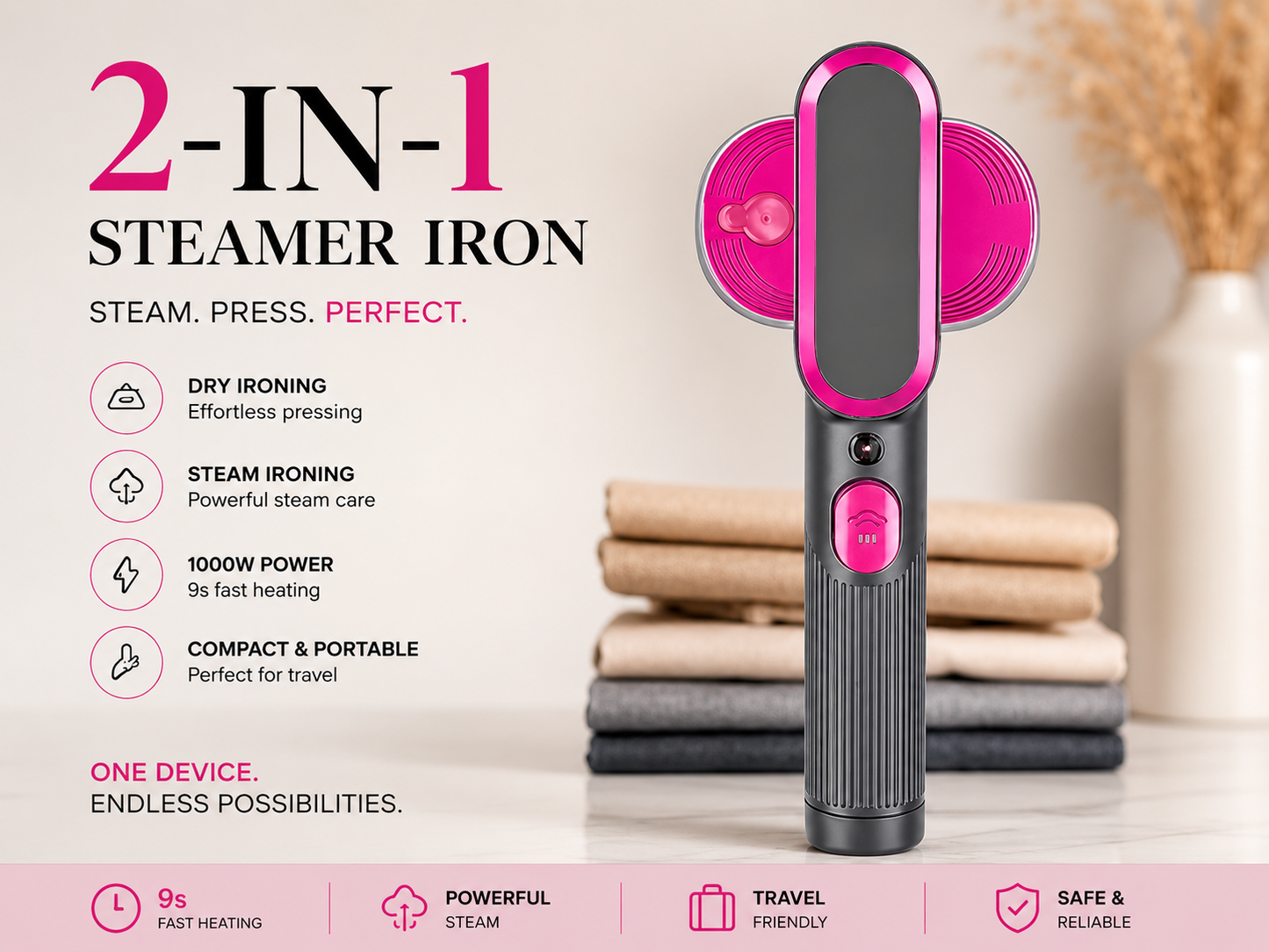 2-in-1 Portable Garment Steamer Iron | 1000W Fast Heat| Wrinkle-Free in Seconds